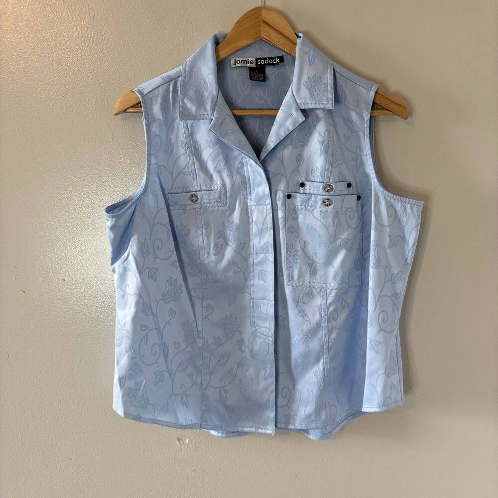 Jamie Sadock Button Up Sleeveless Top Blue Textured Athletic Golf Sz Large